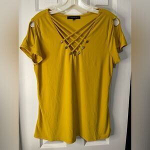 Atelier 29 Mustard Color Cold Shoulder Crisscross Neck Stud detail Top Size Med